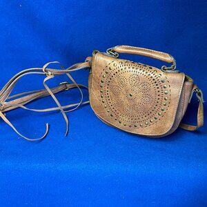 Boho Studded Saddle Bag – Cognac Faux Leather – Small Crossbody